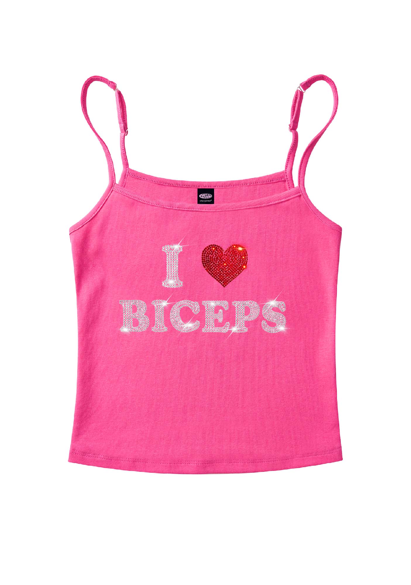 Rhinestone I Love Biceps Y2K Spaghetti Strap Cami Cherrykitten