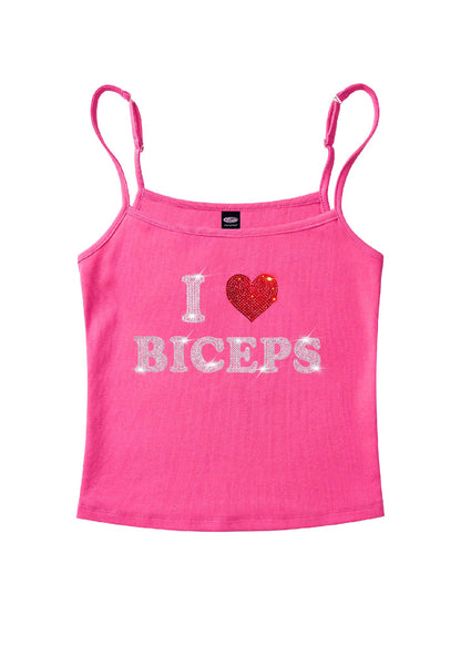 Rhinestone I Love Biceps Y2K Spaghetti Strap Cami Cherrykitten