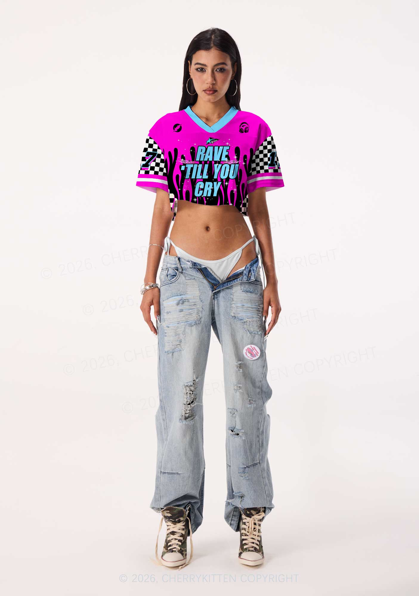 Rave Till You Cry Y2K Crop Sport Jersey Shirts Cherrykitten