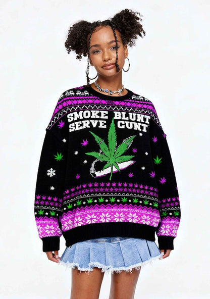 Smoke Blunt Wxxd Y2K Christmas Knit Sweatshirt Cherrykitten