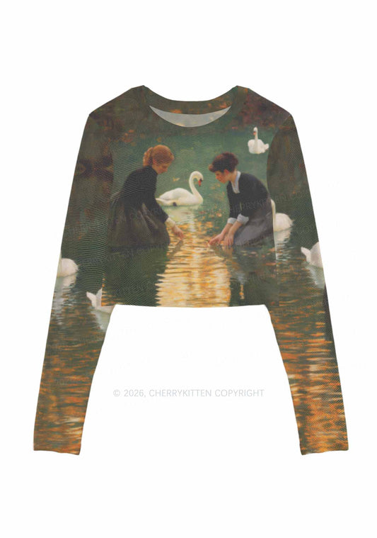Swan Lake Girls Pride Y2K Mesh Long Sleeve Crop Top Cherrykitten