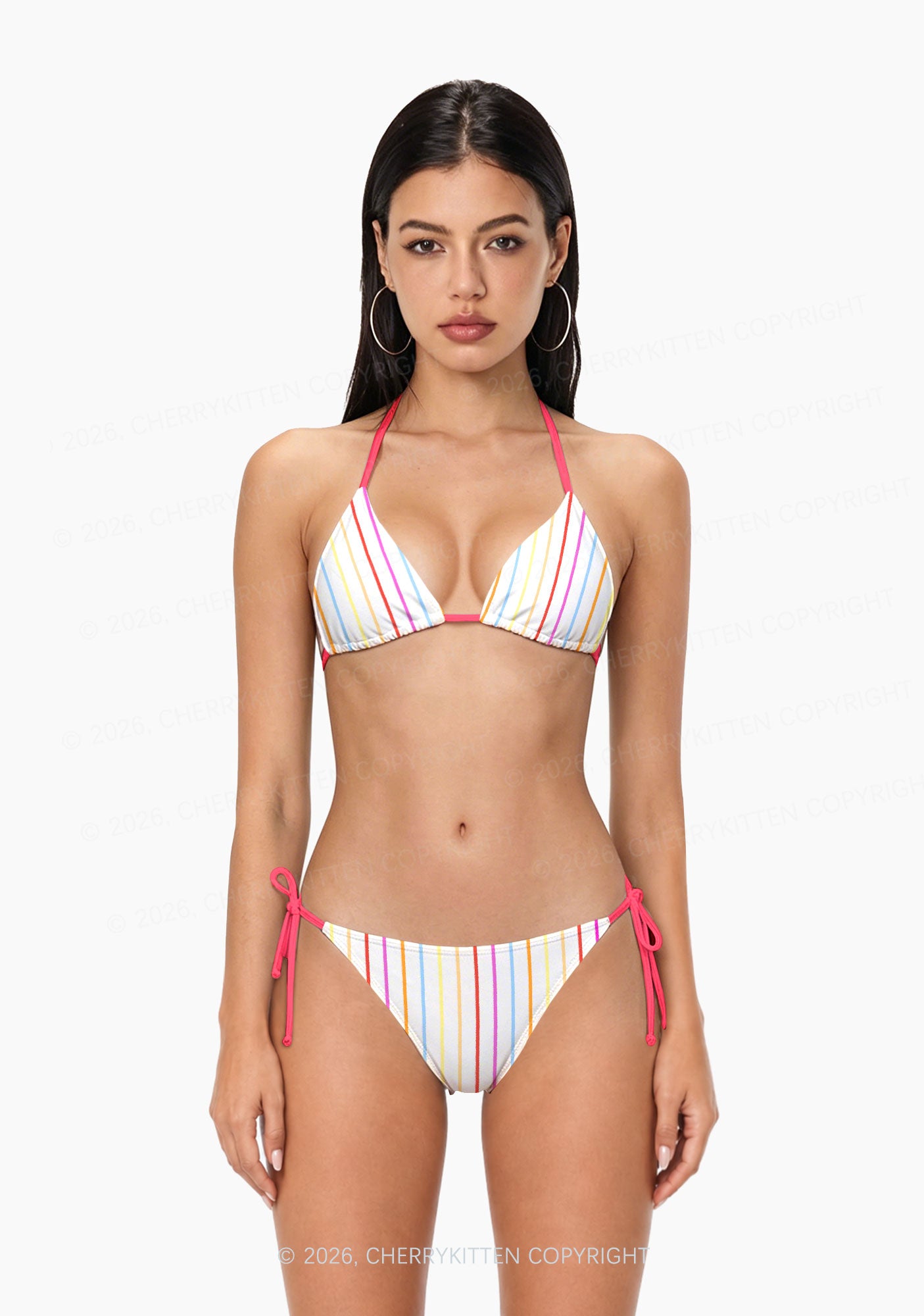 Rainbow Stripe On White Y2K Print Bikini Set Cherrykitten