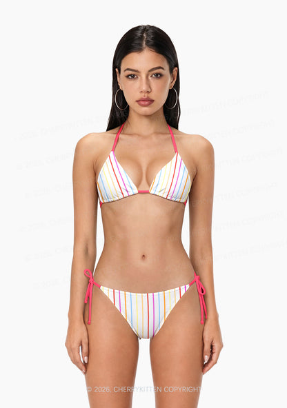 Rainbow Stripe On White Y2K Print Bikini Set Cherrykitten