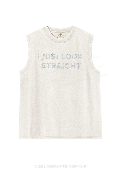 Rhinestone I Just Look Straight Pride Y2K Washed Muscle Tank Cherrykitten