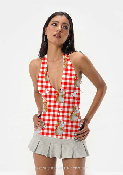 Gym Guinea Pig Red Plaid Y2K Print Halter Deep V Neck Cami Cherrykitten