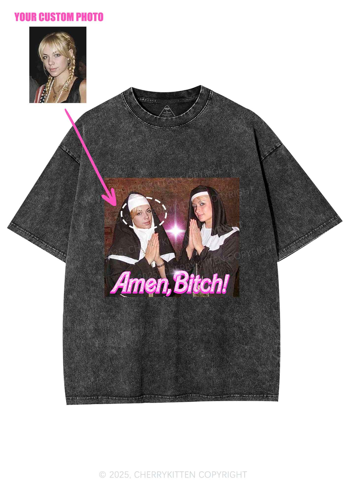 Custom Amen Bxtch Y2K Shirts Washed Tee Cherrykitten