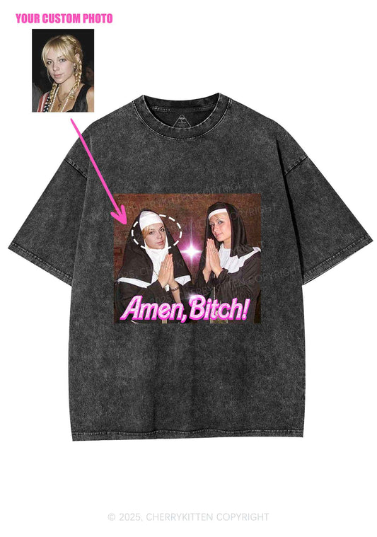 Custom Amen Bxtch Y2K Shirts Washed Tee Cherrykitten