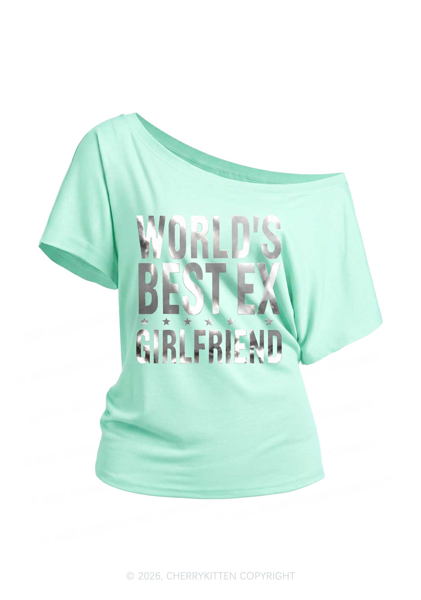 Best Ex Girlfriend Silver Foil Printed Y2K Off Shoulder Tee Cherrykitten