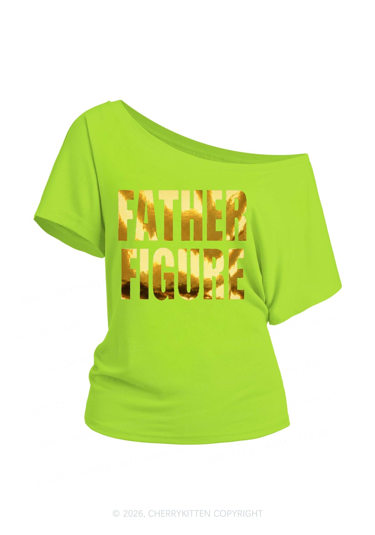 Father Figure Silver Foil Printed Y2K Off Shoulder Tee Cherrykitten