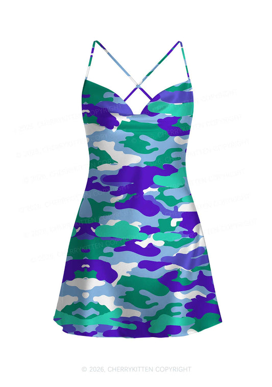 Gay Camouflage Pride Y2K Print Satin Cowl Neck Slip Dress Cherrykitten