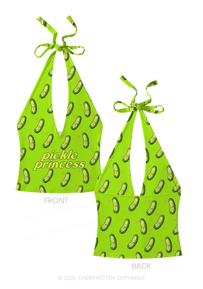 Green Pickle Princess Y2K Print Halter Deep V Neck Cami Cherrykitten