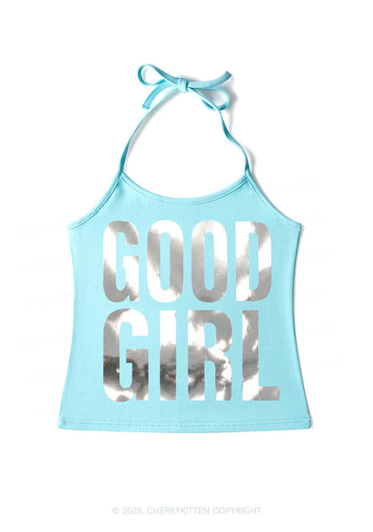 Good Girl Silver Foil Printed Y2K Halter Neck Cami Cherrykitten