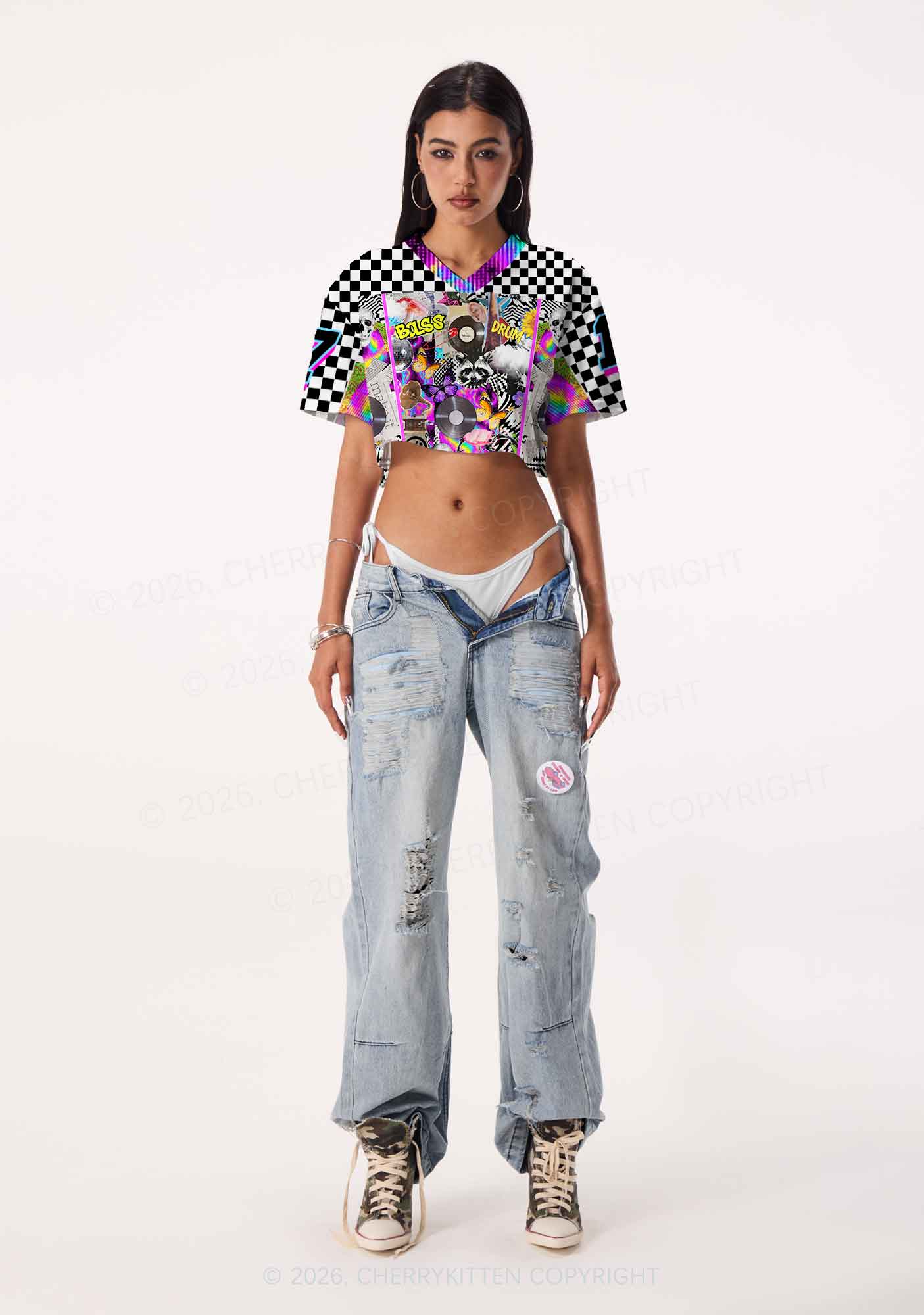 Bass And Drum Collage Y2K Crop Sport Jersey Shirts Cherrykitten