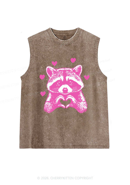 Pink Raccoon Heart Valentine's Day Y2K Washed Muscle Tank Cherrykitten