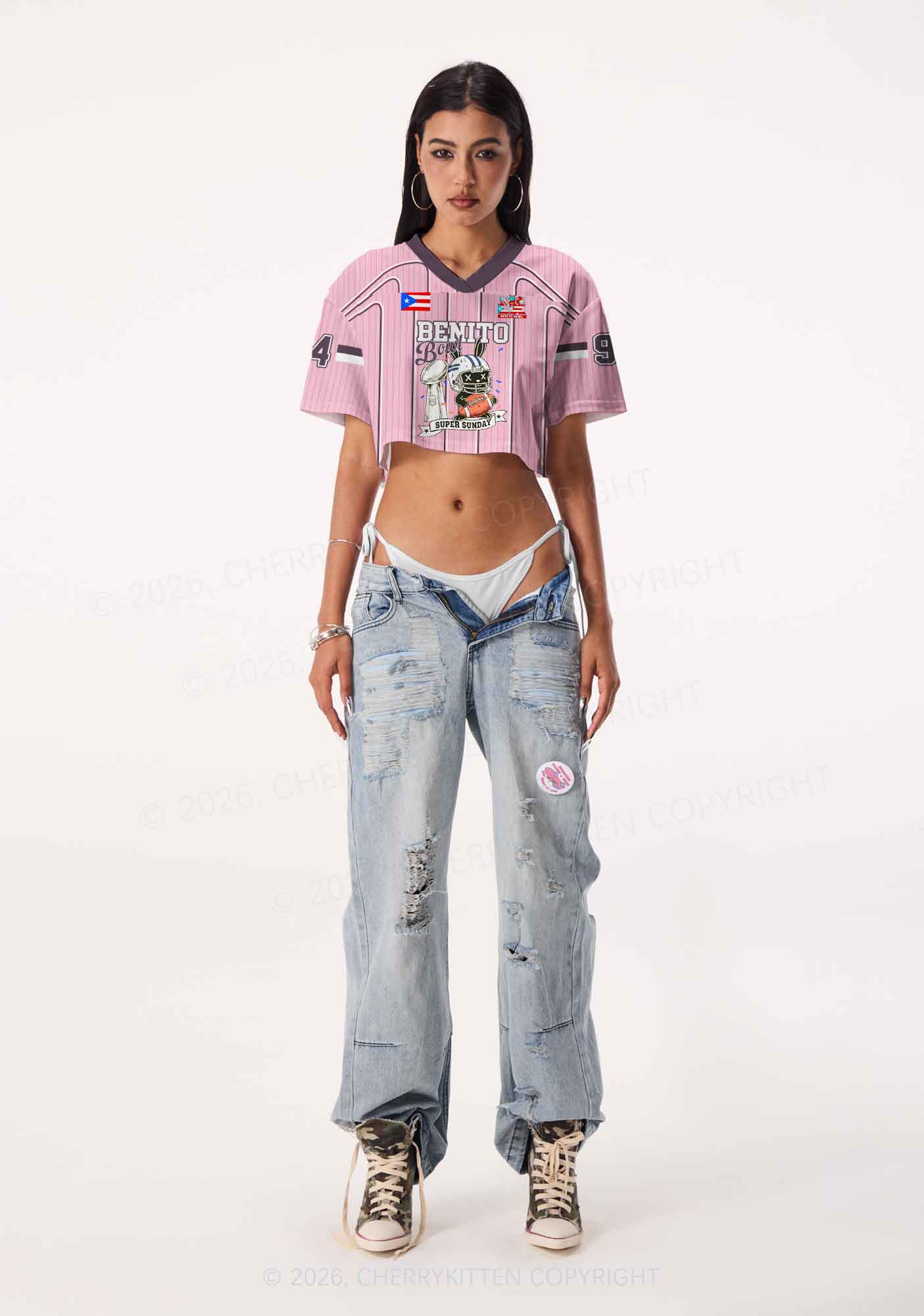 Pink Stripes Bunny Y2K Crop Sport Jersey Shirts Cherrykitten