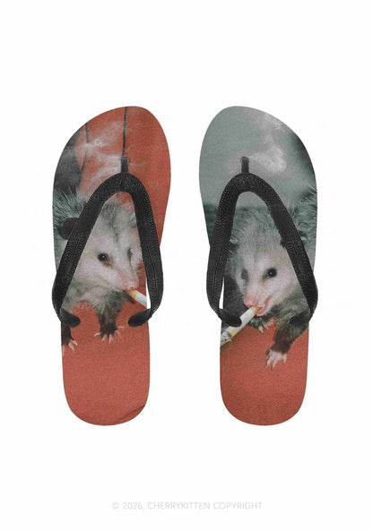 Smoking Badass Possum Y2K Print Flip Flops Cherrykitten