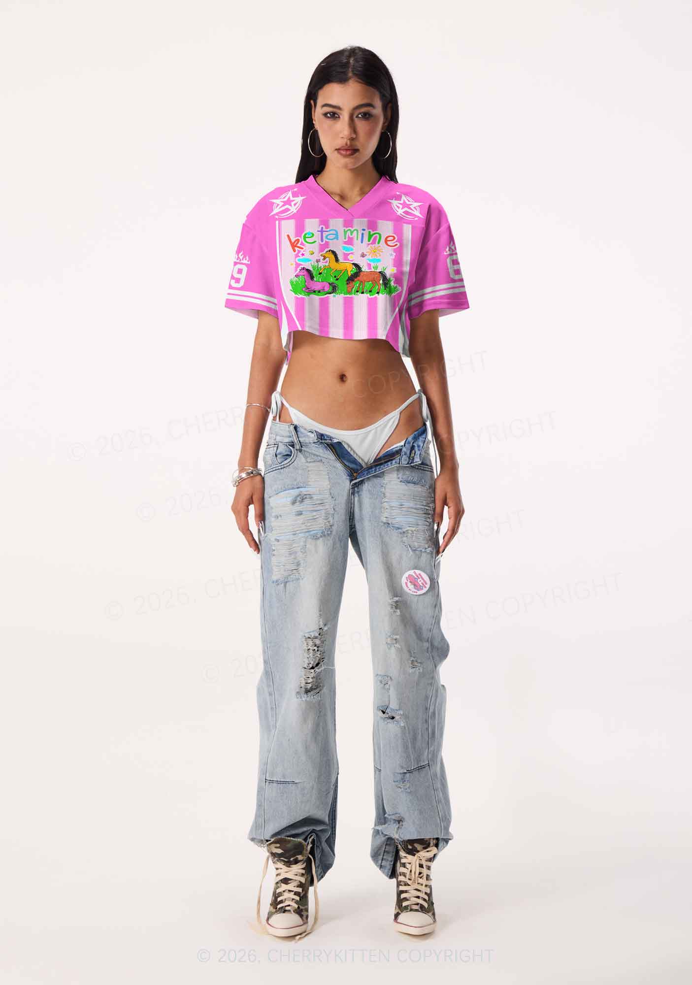 Rainbow K Pony Y2K Crop Sport Jersey Shirts Cherrykitten