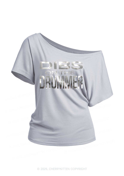 Dibs On The Drummer Silver Foil Printed Y2K Off Shoulder Tee Cherrykitten