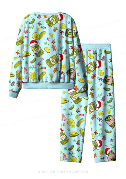 Christmas Green Santa Pickle Y2K Fleece Long Sleeve Pajama Set Cherrykitten