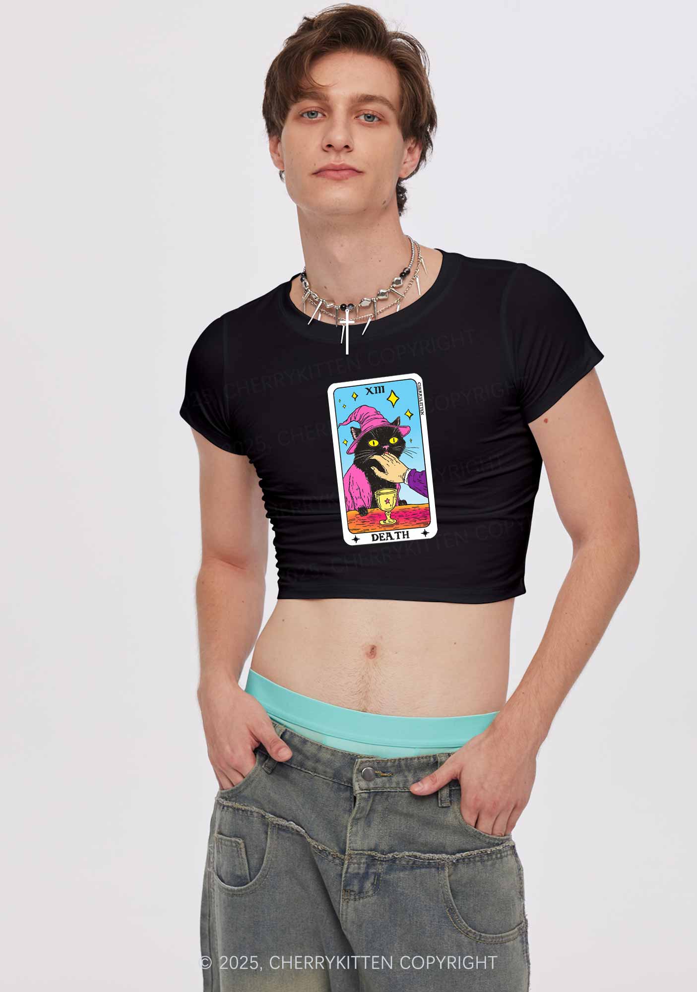Halloween Death Black Cat Y2K Baby Tee Cherrykitten