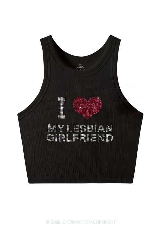 Rhinestone I Love My Lesbian GF Pride Y2K Crop Tank Top Cherrykitten