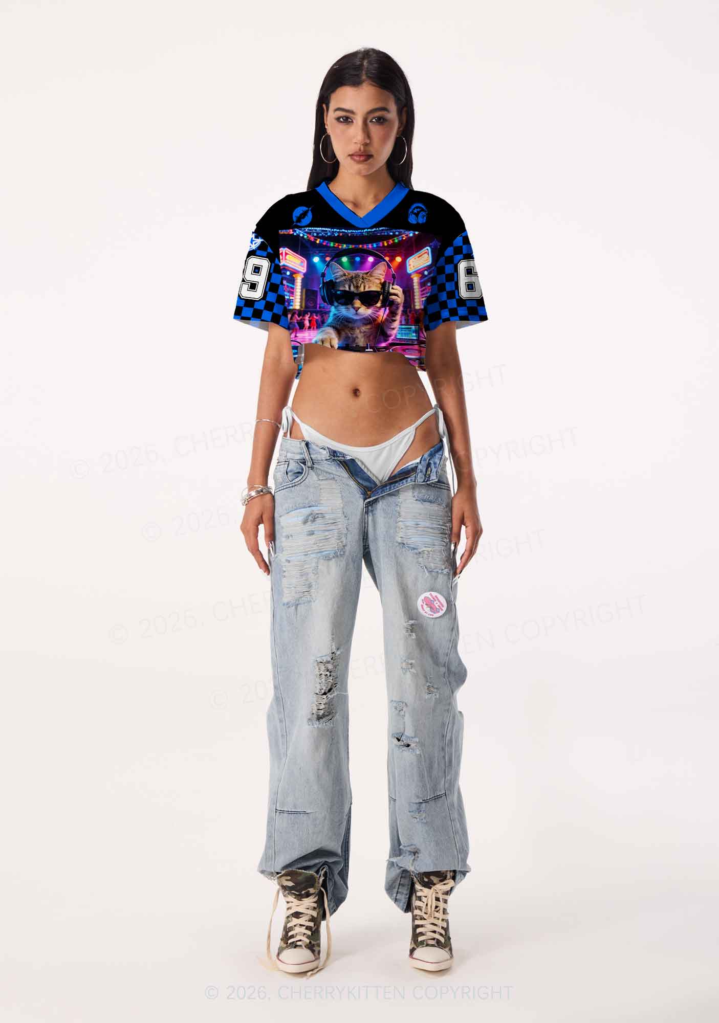 DJ Cat Rave Y2K Crop Sport Jersey Shirts Cherrykitten