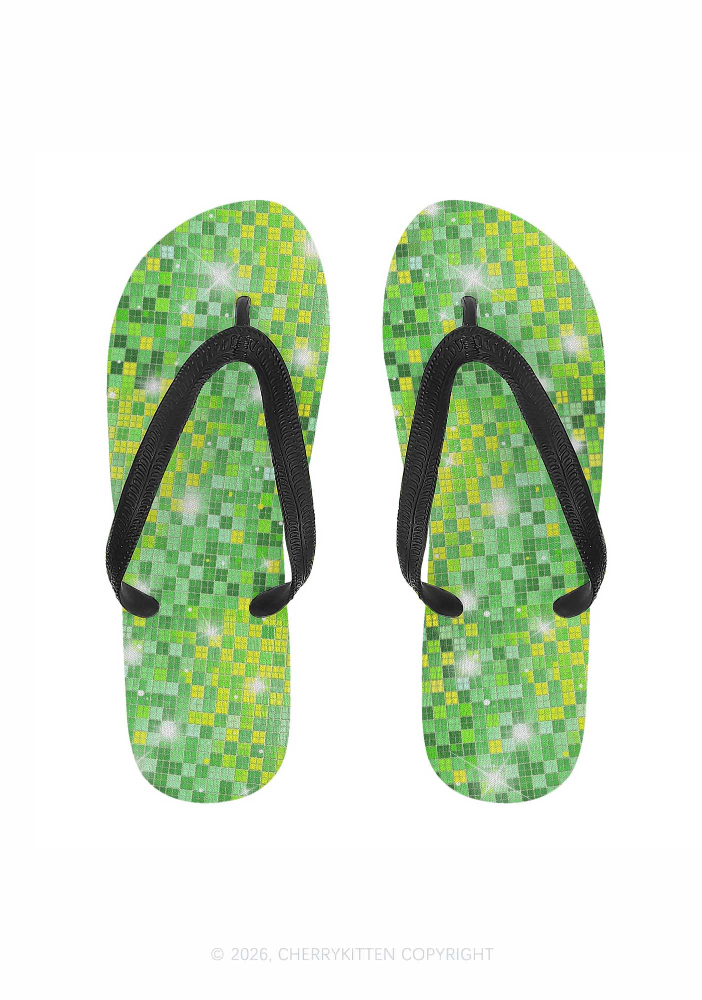 Green Disco Ball Grid Y2K Print Flip Flops Cherrykitten