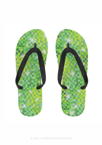 Green Disco Ball Grid Y2K Print Flip Flops Cherrykitten