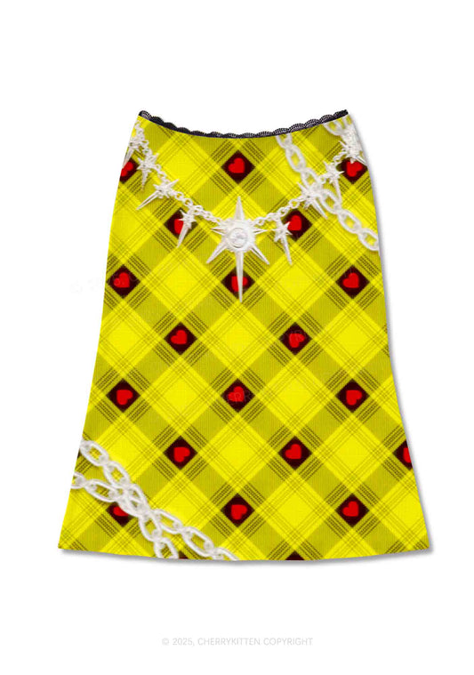 Star Chain and Hearts Y2K Print Midi Skirt Cherrykitten