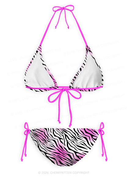 Gradient Pink Zebra Stripe Y2K Print Bikini Set Cherrykitten