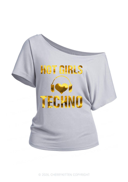 Hot Girls Love Techno Silver Foil Printed Y2K Off Shoulder Tee Cherrykitten