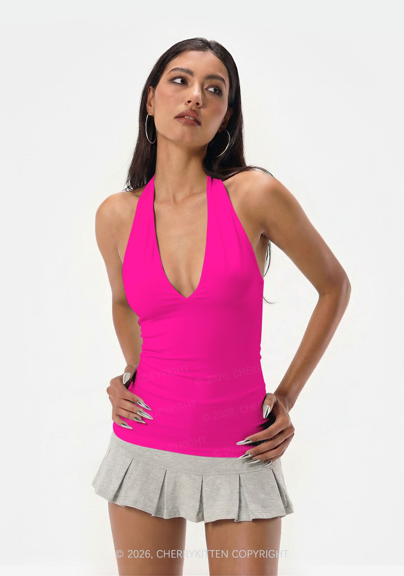 Hot Pink Plain Y2K Print Halter Deep V Neck Cami Cherrykitten