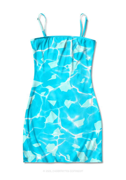 Turquoise Water Ripple Y2K Print Slip Dress Cherrykitten