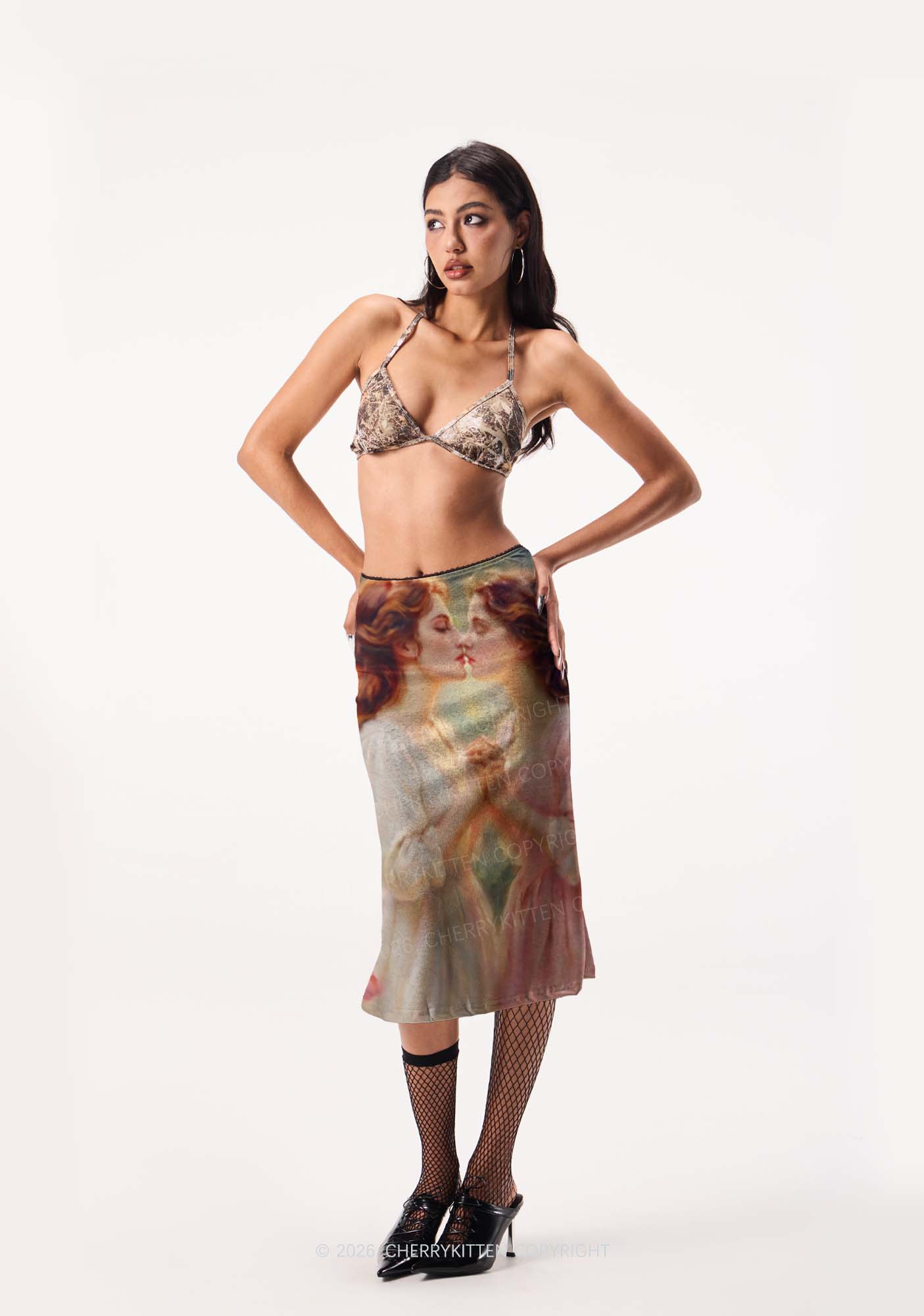 Girls Holding Hands Kissing Pride Y2K Print Midi Skirt Cherrykitten