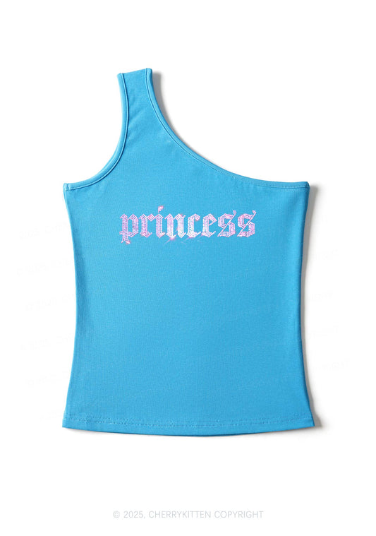 Rhinestone Princess Y2K One Shoulder Tank Top Cherrykitten
