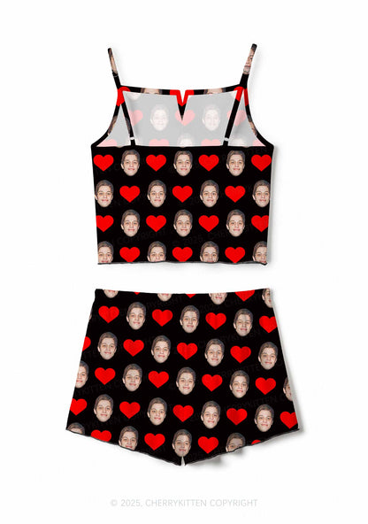 Custom Black Hearts Photo Y2K Valentine's Day Print Cami Shorts Pajama Set Cherrykitten