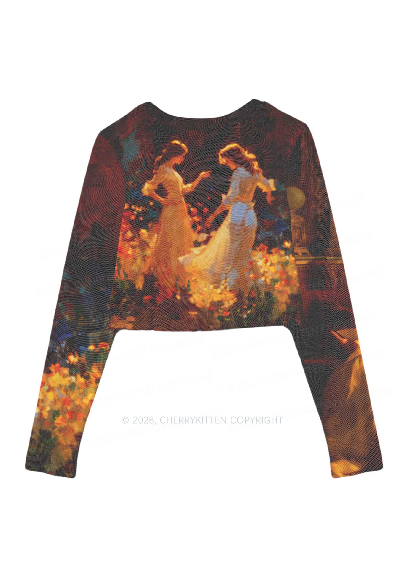 Dancing In Garden Pride Y2K Mesh Long Sleeve Crop Top Cherrykitten