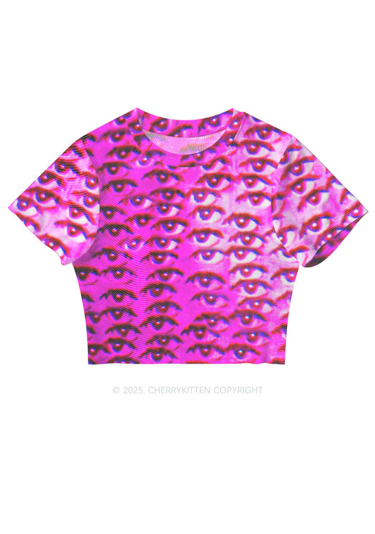 Halloween Pink Eyes Y2K Mesh Crop Top Cherrykitten