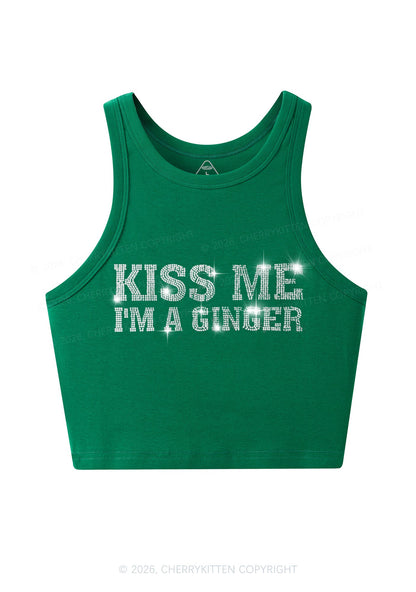 Rhinestone Kiss Me Im Ginger St Patricks Y2K Crop Tank Top Cherrykitten