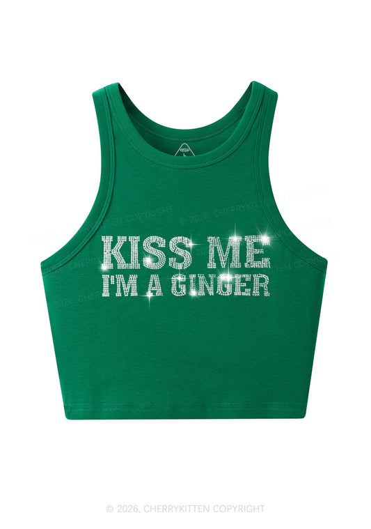 Rhinestone Kiss Me Im Ginger St Patricks Y2K Crop Tank Top Cherrykitten
