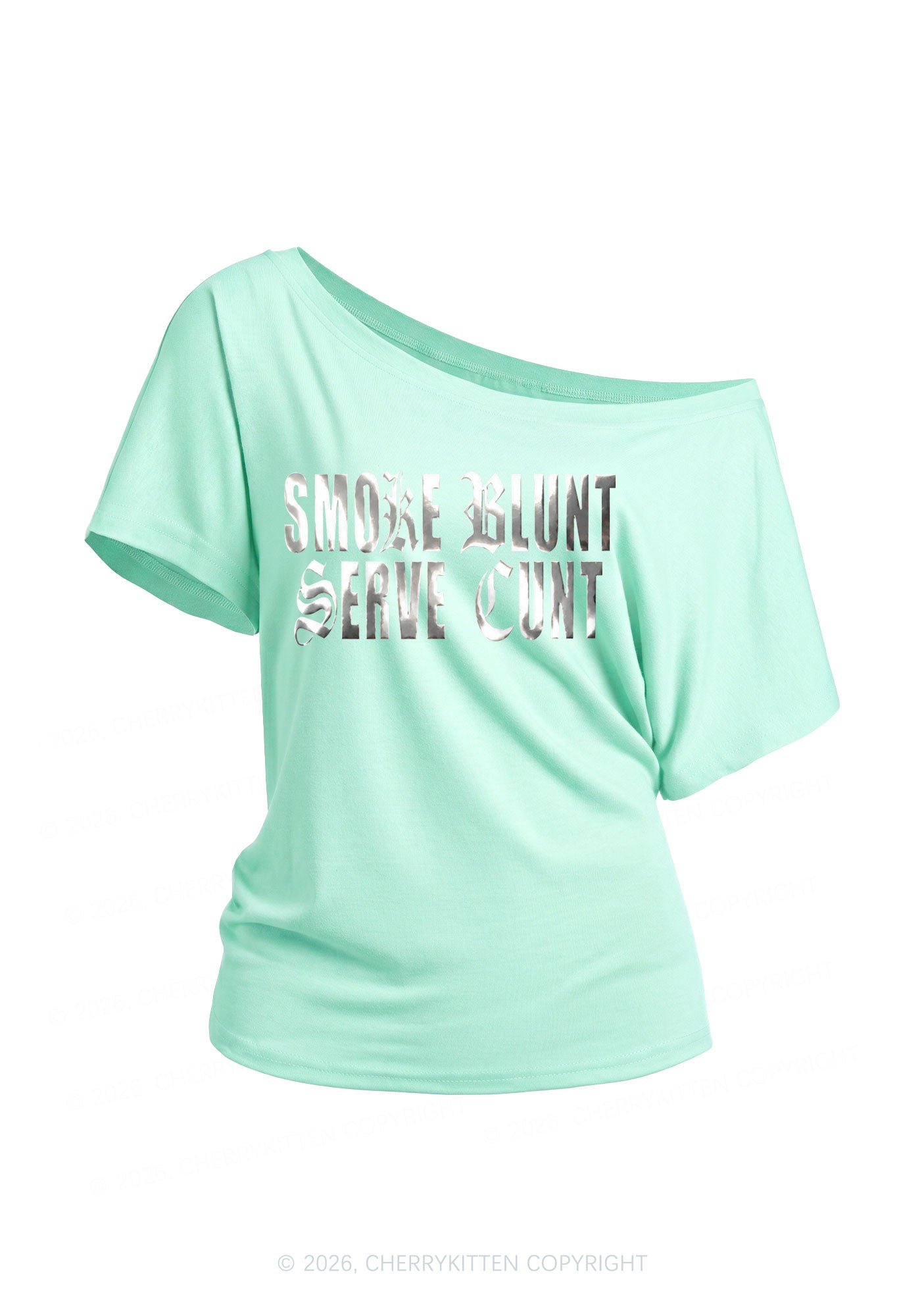 Smoke Blunt Silver Foil Printed Y2K Off Shoulder Tee Cherrykitten
