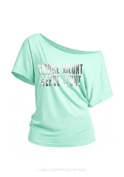 Smoke Blunt Silver Foil Printed Y2K Off Shoulder Tee Cherrykitten