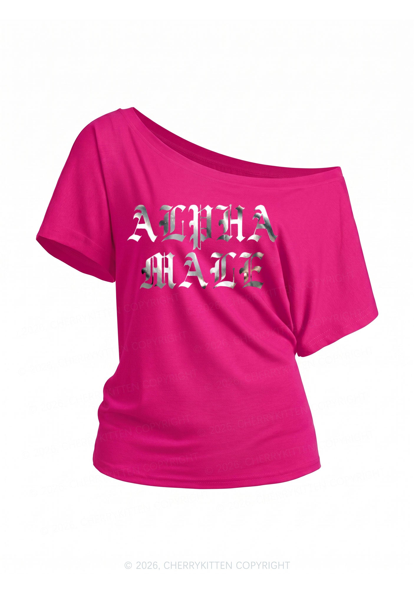 Alpha Male Silver Foil Printed Y2K Off Shoulder Tee Cherrykitten