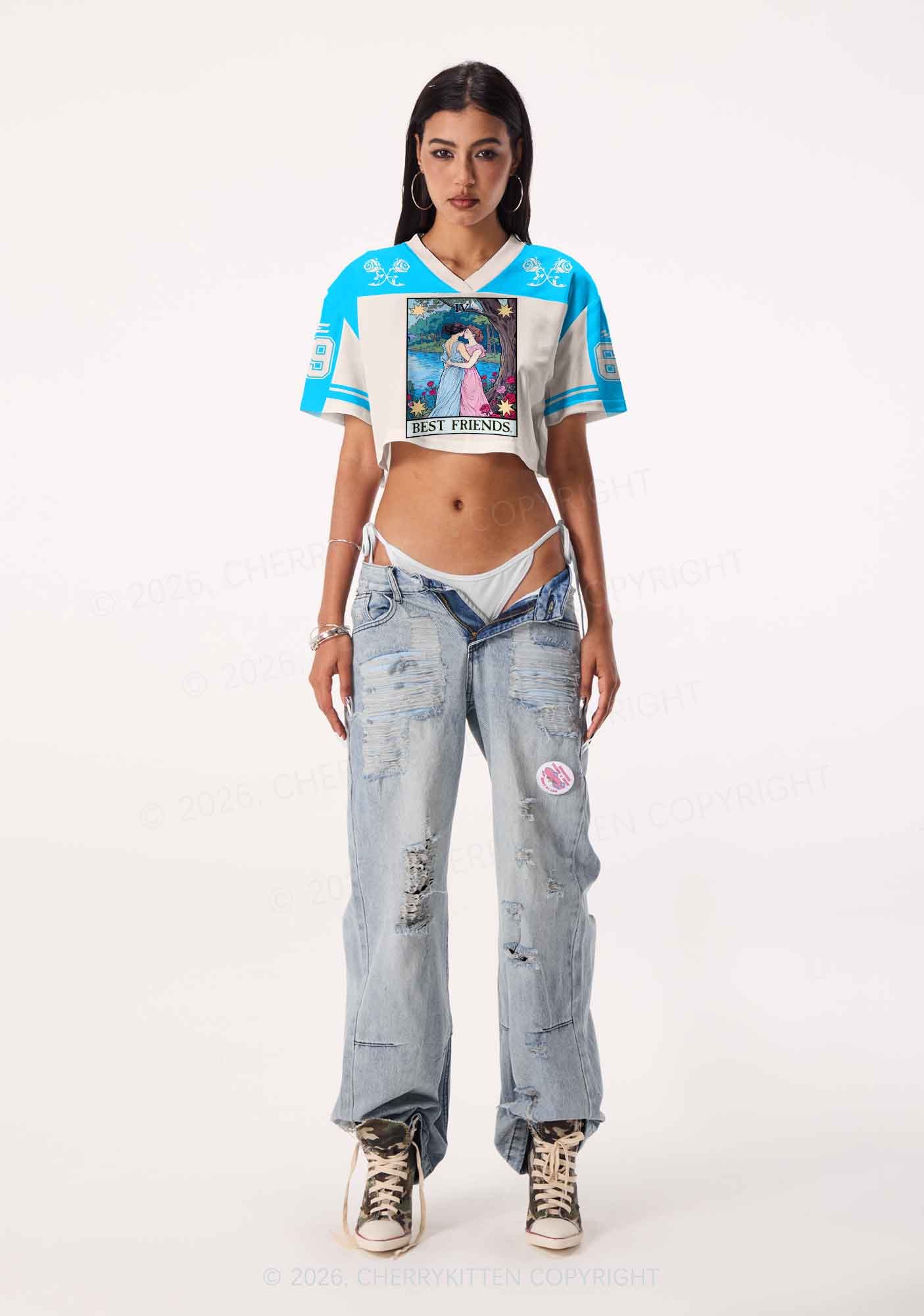 Blue Best Friends Pride Y2K Crop Sport Jersey Shirts Cherrykitten