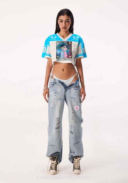 Blue Best Friends Pride Y2K Crop Sport Jersey Shirts Cherrykitten