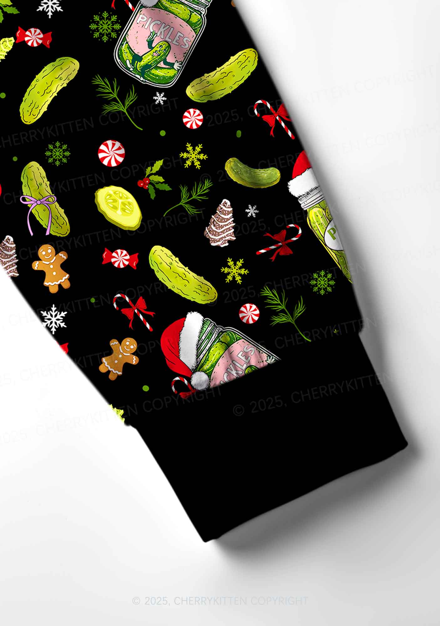 Christmas Black Santa Hat Pickle Y2K Print Long Sleeve Pajama Set Cherrykitten