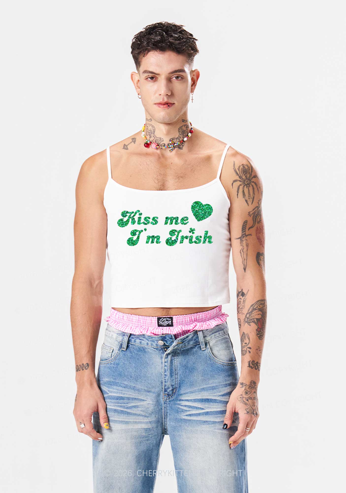 Glitter Kiss Me Im Irish St Patricks Y2K Spaghetti Strap Cami Cherrykitten