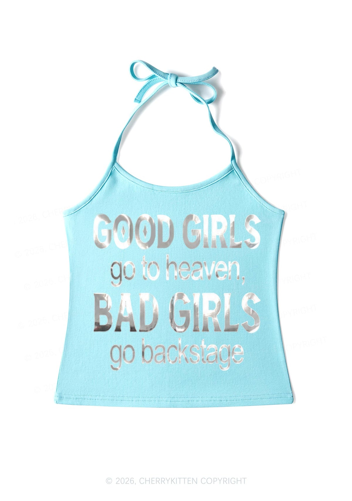 Bad Girls Go Backstage Silver Foil Printed Y2K Halter Neck Cami Cherrykitten