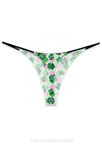 Four Leaf Clover Pink Plaid St Patricks Y2K Print Bikini String Thong Cherrykitten