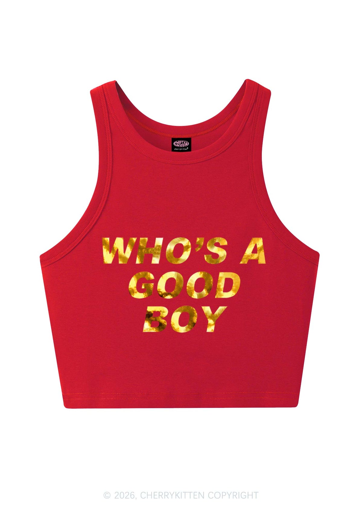 Whos A Good Boy Silver Foil Printed Y2K Crop Tank Top Cherrykitten